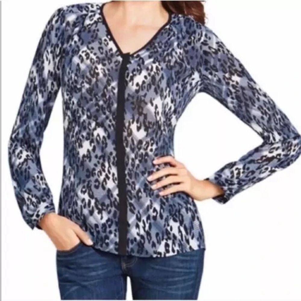 Cabi #977‎ Fatale Blue Black Animal Print Sheer Top Blouse Shirt Sz Large Career